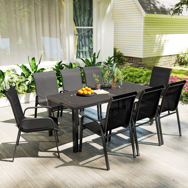 8 Seater Garden Dining Set with Stacking Chairs, Rectangular Tempered Glass Top, Garden Furniture Set, Outdoor Dining Table and Chairs for Patio, Balcony, Poolside, Black