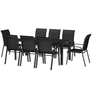 8 Seater Garden Dining Set with Stacking Chairs, Rectangular Tempered Glass Top, Garden Furniture Set, Outdoor Dining Table and Chairs for Patio, Balcony, Poolside, Black