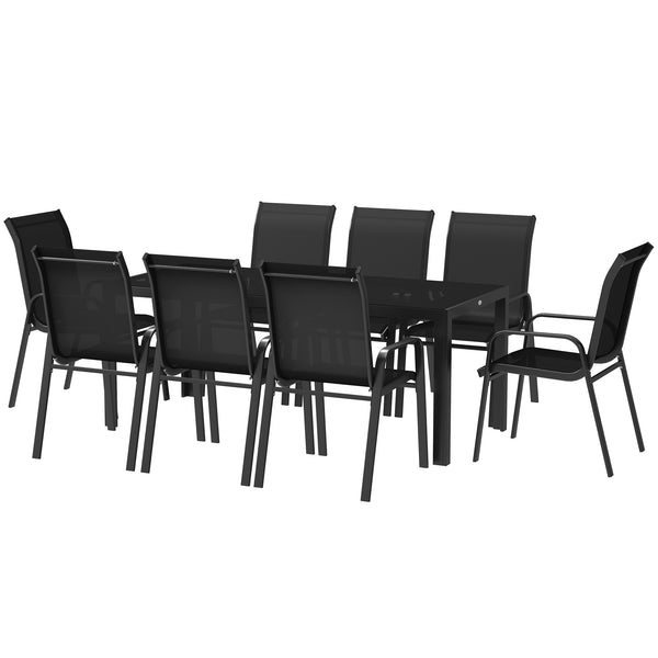 8 Seater Garden Dining Set with Stacking Chairs, Rectangular Tempered Glass Top, Garden Furniture Set, Outdoor Dining Table and Chairs for Patio, Balcony, Poolside, Black