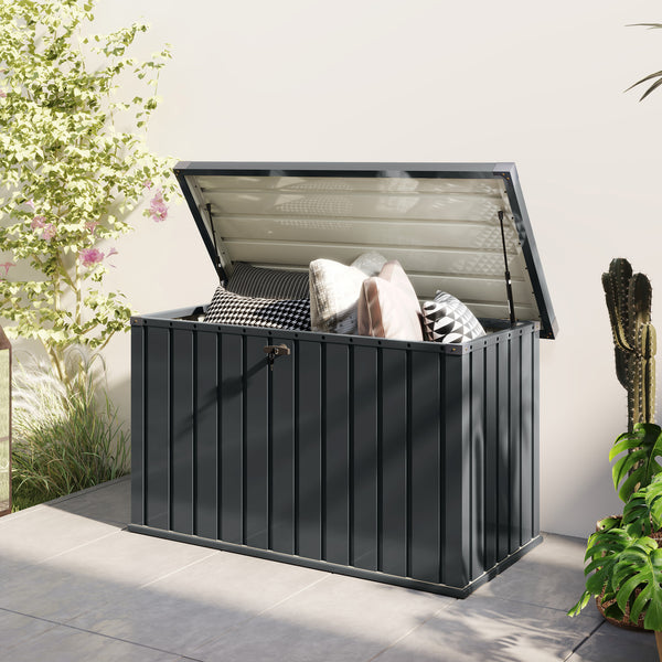 400L Garden Storage Box Waterproof Metal Outdoor Storage Box with Lockable Lid, Storage Container Furniture Deck Box, 124 x 66 x 72 cm, Dark Grey