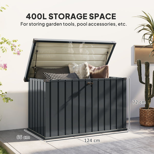 400L Garden Storage Box Waterproof Metal Outdoor Storage Box with Lockable Lid, Storage Container Furniture Deck Box, 124 x 66 x 72 cm, Dark Grey