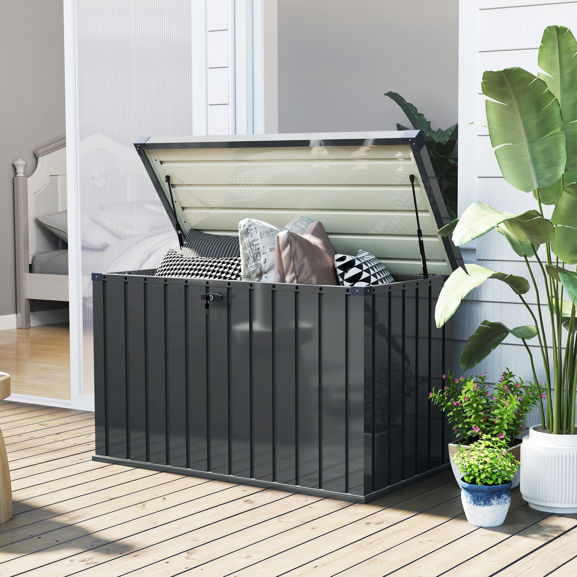 Outsunny 400L Waterproof Metal Outdoor Storage Box, Lockable Garden ...
