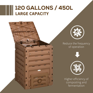 Outsunny Garden Compost Bin, 120 Gallon (450L) Garden Composter, BPA Free, with 80 Vents and 2 Sliding Doors, Lightweight & Sturdy, Fast Creation of Fertile Soil, Brown