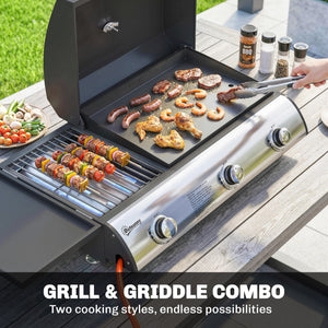 3 Burner Portable Gas Plancha BBQ Grill, 8.1 kW Outdoor Tabletop Gas Barbecue Grill with Griddle, Convertible Side Shelf, Built-in Thermometer, Lid, Adjustable Foot Pads for Camping, Black