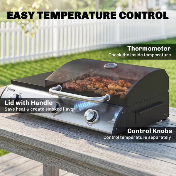 3 Burner Portable Gas Plancha BBQ Grill, 8.1 kW Outdoor Tabletop Gas Barbecue Grill with Griddle, Convertible Side Shelf, Built-in Thermometer, Lid, Adjustable Foot Pads for Camping, Black