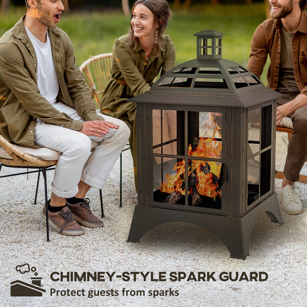 28" Fire Pit with Chimney Style, Outdoor Wood Burning Firepit with Spark Guard and Poker, Steel, Black