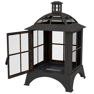28" Fire Pit with Chimney Style, Outdoor Wood Burning Firepit with Spark Guard and Poker, Steel, Black