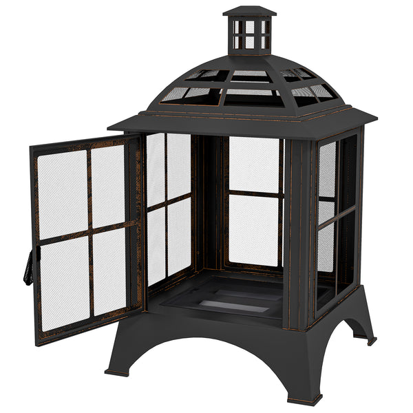 28" Fire Pit with Chimney Style, Outdoor Wood Burning Firepit with Spark Guard and Poker, Steel, Black