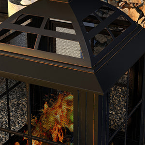 28" Fire Pit with Chimney Style, Outdoor Wood Burning Firepit with Spark Guard and Poker, Steel, Black