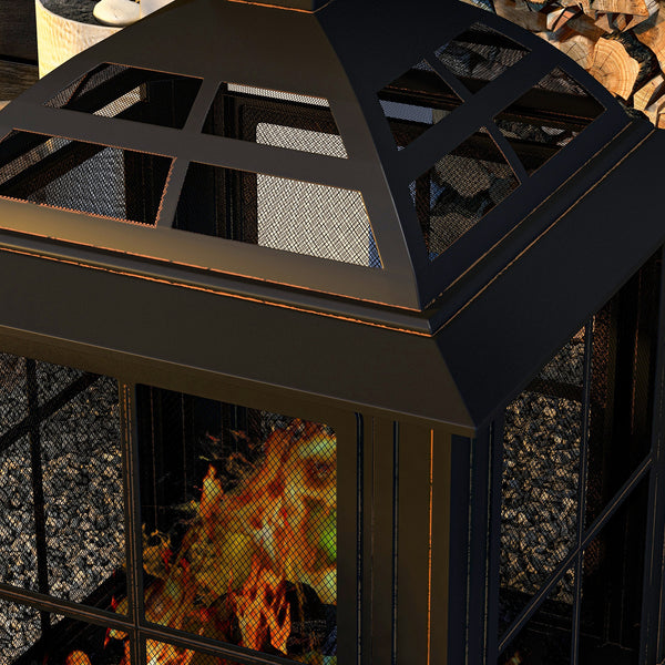 28" Fire Pit with Chimney Style, Outdoor Wood Burning Firepit with Spark Guard and Poker, Steel, Black