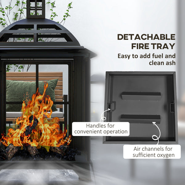28" Fire Pit with Chimney Style, Outdoor Wood Burning Firepit with Spark Guard and Poker, Steel, Black