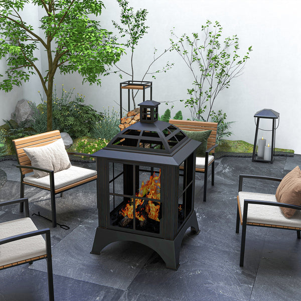 28" Fire Pit with Chimney Style, Outdoor Wood Burning Firepit with Spark Guard and Poker, Steel, Black