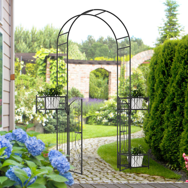 Outsunny 7' Garden Arch Arbor, Metal Arch Trellis with Gate, Garden Archway for Climbing Vines, Wedding Ceremony Decoration, Black