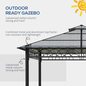 3 x 3 (m) Outdoor Polycarbonate Gazebo, Double Roof Hard Top Gazebo with Galvanised Steel Frame, Nettings & Curtains for Garden, Lawn, Patio and Deck, Khaki