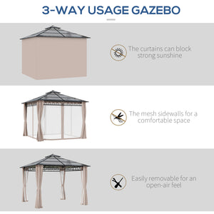 3 x 3 (m) Outdoor Polycarbonate Gazebo, Double Roof Hard Top Gazebo with Galvanised Steel Frame, Nettings & Curtains for Garden, Lawn, Patio and Deck, Khaki