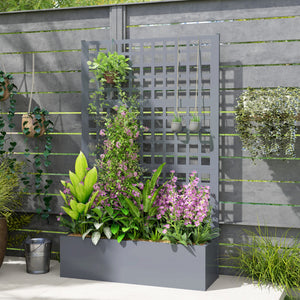 Galvanized Raised Garden Bed with Trellis, 43"x16"x70" Metal Planter Box with Drainage Holes, Outdoor Privacy Screen for Climbing Plant Vegetable Vine, Grey Wood Effect