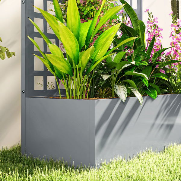 Galvanized Raised Garden Bed with Trellis, 43"x16"x70" Metal Planter Box with Drainage Holes, Outdoor Privacy Screen for Climbing Plant Vegetable Vine, Grey Wood Effect