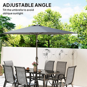 8 Pieces Patio Table and Chairs Set with 9 Ft Patio Umbrella, Outdoor Dining Set with 4.6 Ft Dining Table and 6 Chairs, Push Button Tilt and Crank Parasol, Tempered Glass Top, Mixed Gray