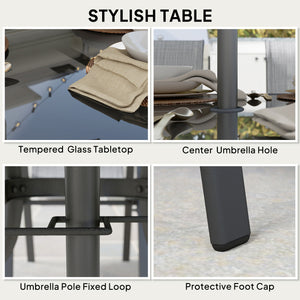 8 Pieces Patio Table and Chairs Set with 9 Ft Patio Umbrella, Outdoor Dining Set with 4.6 Ft Dining Table and 6 Chairs, Push Button Tilt and Crank Parasol, Tempered Glass Top, Mixed Gray