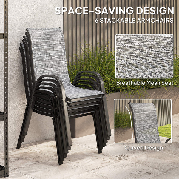 8 Pieces Patio Table and Chairs Set with 9 Ft Patio Umbrella, Outdoor Dining Set with 4.6 Ft Dining Table and 6 Chairs, Push Button Tilt and Crank Parasol, Tempered Glass Top, Mixed Gray