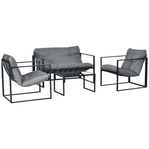 4 Piece Patio Furniture Set, Outdoor Conversation Set with Tempered Glass Table, Sofa, 2 Chairs and Cushions, Grey
