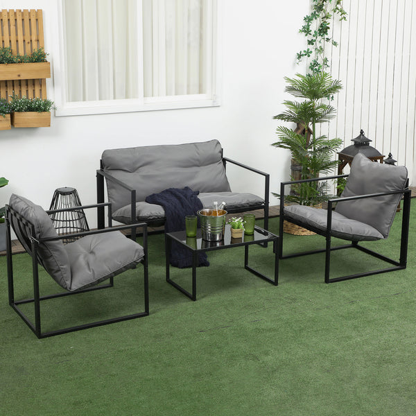 4 Piece Patio Furniture Set, Outdoor Conversation Set with Tempered Glass Table, Sofa, 2 Chairs and Cushions, Grey