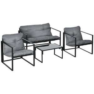4 Piece Patio Furniture Set, Outdoor Conversation Set with Tempered Glass Table, Sofa, 2 Chairs and Cushions, Grey