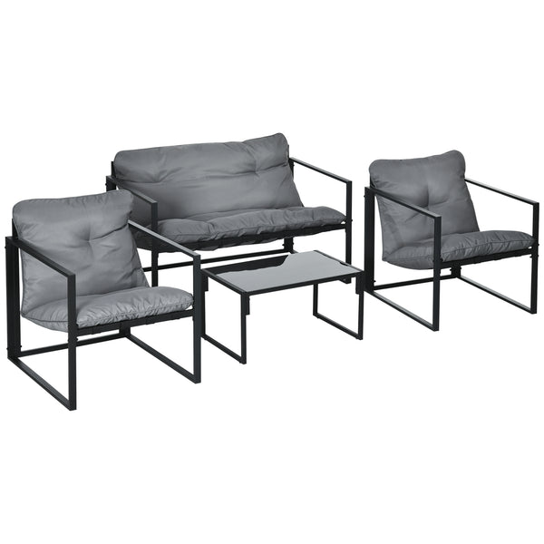 4 Piece Patio Furniture Set, Outdoor Conversation Set with Tempered Glass Table, Sofa, 2 Chairs and Cushions, Grey