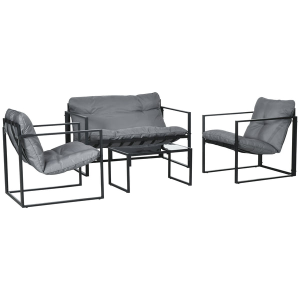4 Piece Patio Furniture Set, Outdoor Conversation Set with Tempered Glass Table, Sofa, 2 Chairs and Cushions, Grey