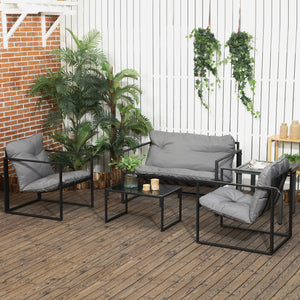 4 Piece Patio Furniture Set, Outdoor Conversation Set with Tempered Glass Table, Sofa, 2 Chairs and Cushions, Grey
