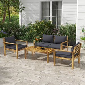 Outsunny Patio Furniture Set, 4 Piece Acacia Wood Conversation Set with a Sofa, Table & Chairs, Cushions with Removable Covers for Backyard, Porch, Garden, Lawn, Gray