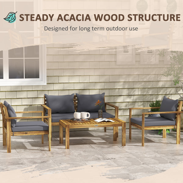 Outsunny Patio Furniture Set, 4 Piece Acacia Wood Conversation Set with a Sofa, Table & Chairs, Cushions with Removable Covers for Backyard, Porch, Garden, Lawn, Gray