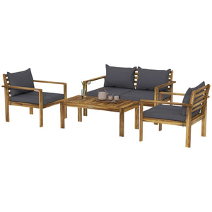 Outsunny Patio Furniture Set, 4 Piece Acacia Wood Conversation Set with a Sofa, Table & Chairs, Cushions with Removable Covers for Backyard, Porch, Garden, Lawn, Gray