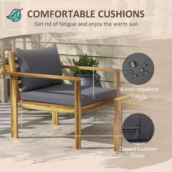 Outsunny Patio Furniture Set, 4 Piece Acacia Wood Conversation Set with a Sofa, Table & Chairs, Cushions with Removable Covers for Backyard, Porch, Garden, Lawn, Gray