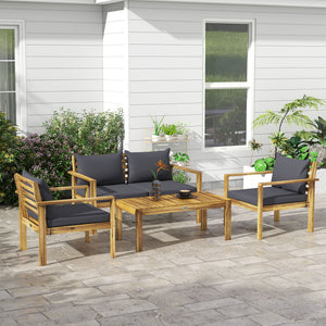 Outsunny Patio Furniture Set, 4 Piece Acacia Wood Conversation Set with a Sofa, Table & Chairs, Cushions with Removable Covers for Backyard, Porch, Garden, Lawn, Gray