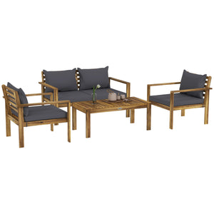 Outsunny Patio Furniture Set, 4 Piece Acacia Wood Conversation Set with a Sofa, Table & Chairs, Cushions with Removable Covers for Backyard, Porch, Garden, Lawn, Gray