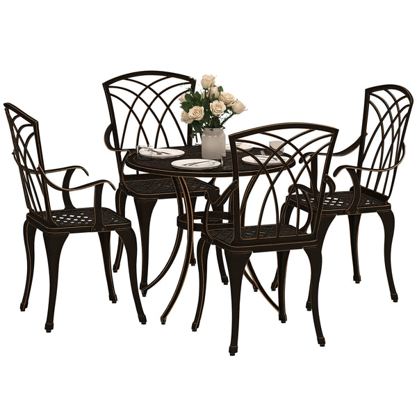 5 Pieces Garden Dining Set for 4, Cast Aluminium Outdoor Dining Set with 4 Armchairs and Round Dining Table with Parasol Hole, Garden Furniture Set, Bronze Tone