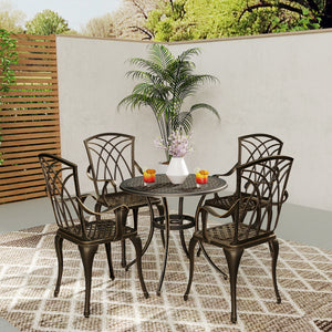 5 Pieces Garden Dining Set for 4, Cast Aluminium Outdoor Dining Set with 4 Armchairs and Round Dining Table with Parasol Hole, Garden Furniture Set, Bronze Tone