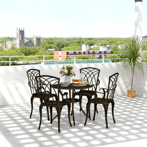 5 Pieces Garden Dining Set for 4, Cast Aluminium Outdoor Dining Set with 4 Armchairs and Round Dining Table with Parasol Hole, Garden Furniture Set, Bronze Tone