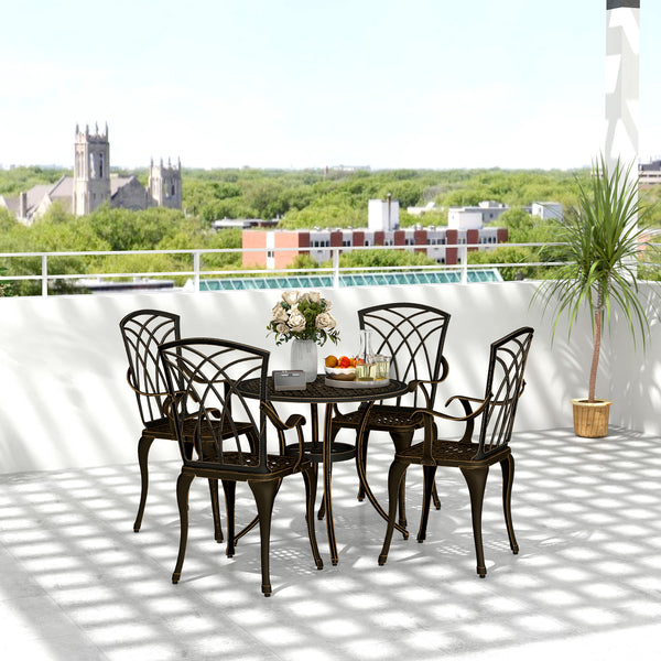 5 Pieces Garden Dining Set for 4, Cast Aluminium Outdoor Dining Set with 4 Armchairs and Round Dining Table with Parasol Hole, Garden Furniture Set, Bronze Tone
