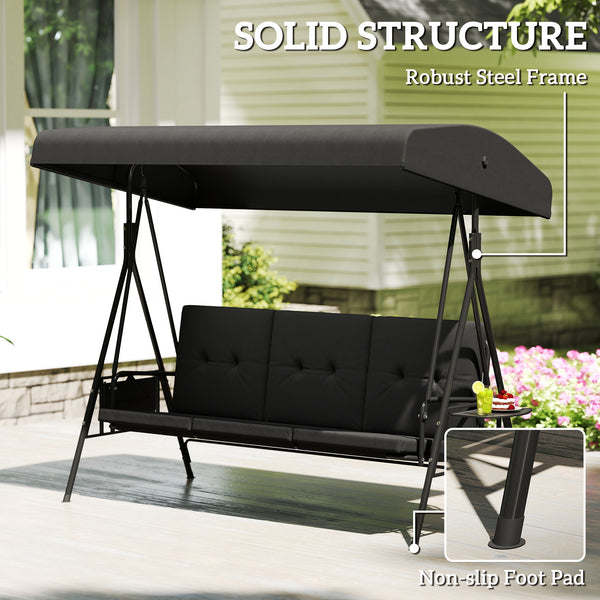3-Seat Patio Swing Chair, Outdoor Porch Swing Glider with Adjustable Canopy, Side Tray, Removable Cushion, Steel Frame, Breathable Mesh Seat for Garden, Poolside, Black