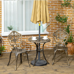 3 Piece Cast Aluminium Garden Bistro Set for 2 with Parasol Hole, Outdoor Coffee Table Set, Two Armless Chairs and Round Coffee Table for Balcony, Patio, Bronze