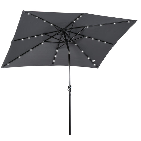 Outsunny 9' x 7' Solar Umbrella, LED Lighted Patio Umbrella for Table or Base with Tilt & Crank, Outdoor Umbrella for Garden, Deck, Backyard, Pool, Beach, Dark Gray