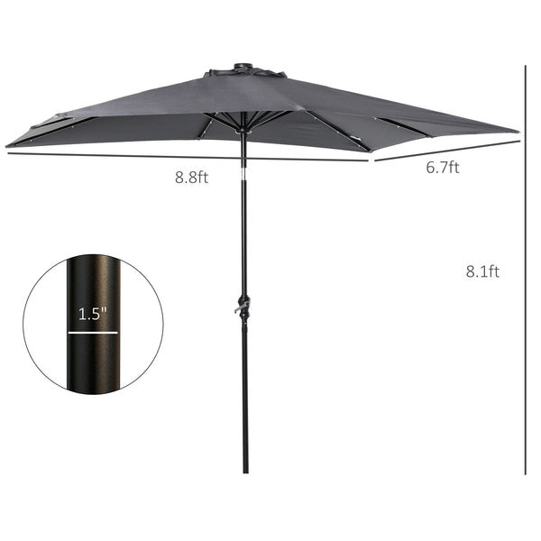 Outsunny 9' x 7' Solar Umbrella, LED Lighted Patio Umbrella for Table or Base with Tilt & Crank, Outdoor Umbrella for Garden, Deck, Backyard, Pool, Beach, Dark Gray