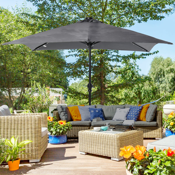 Outsunny 9 x 7 ft Patio Umbrella Outdoor Table Market with Crank Solar LED Lights Tilt Button for Deck Dark Gray