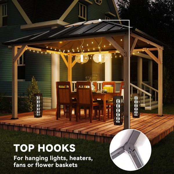 10' x 12' Hardtop Gazebo with Galvanized Steel Roof, Wood Permanent Pavilion Canopy Shelter with Clear Roof Top, UPF50+ Protection, Ceiling Hooks for Lawn, Backyard, Deck, Light Walnut