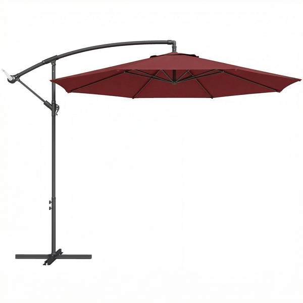 3(m) Garden Banana Parasol Hanging Cantilever Umbrella with Crank Handle, 8 Ribs and Cross Base for Outdoor, Sun Shade, Wine Red
