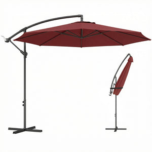 3(m) Garden Banana Parasol Hanging Cantilever Umbrella with Crank Handle, 8 Ribs and Cross Base for Outdoor, Sun Shade, Wine Red