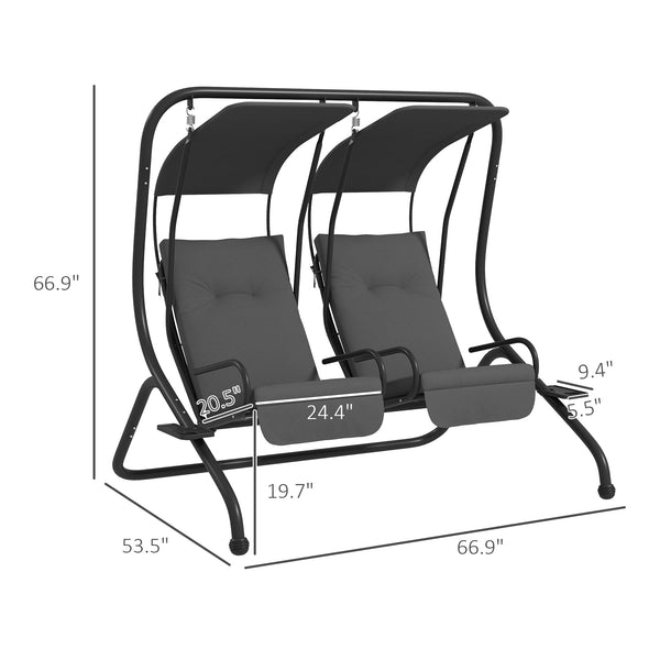 Outsunny Patio Swing Chair with 2 Separate Seats, Outdoor Swing with Removable Canopy and Cup Holders for Porch, Garden, Poolside, Backyard, Gray