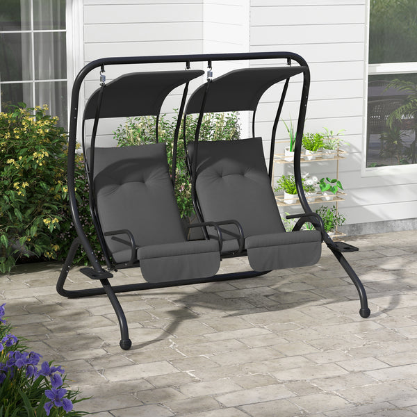 Outsunny Patio Swing Chair with 2 Separate Seats, Outdoor Swing with Removable Canopy and Cup Holders for Porch, Garden, Poolside, Backyard, Gray